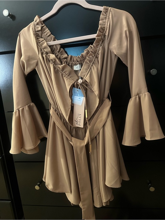 Oh Polly Pants - Bell Sleeve V-Neck Wrap Jumpsuit Romper in Camel